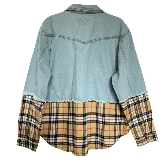 Highway Jeans Denim Plaid Trucker Jacket Women M Blue Tan Oversized NWT - Picture 2 of 9